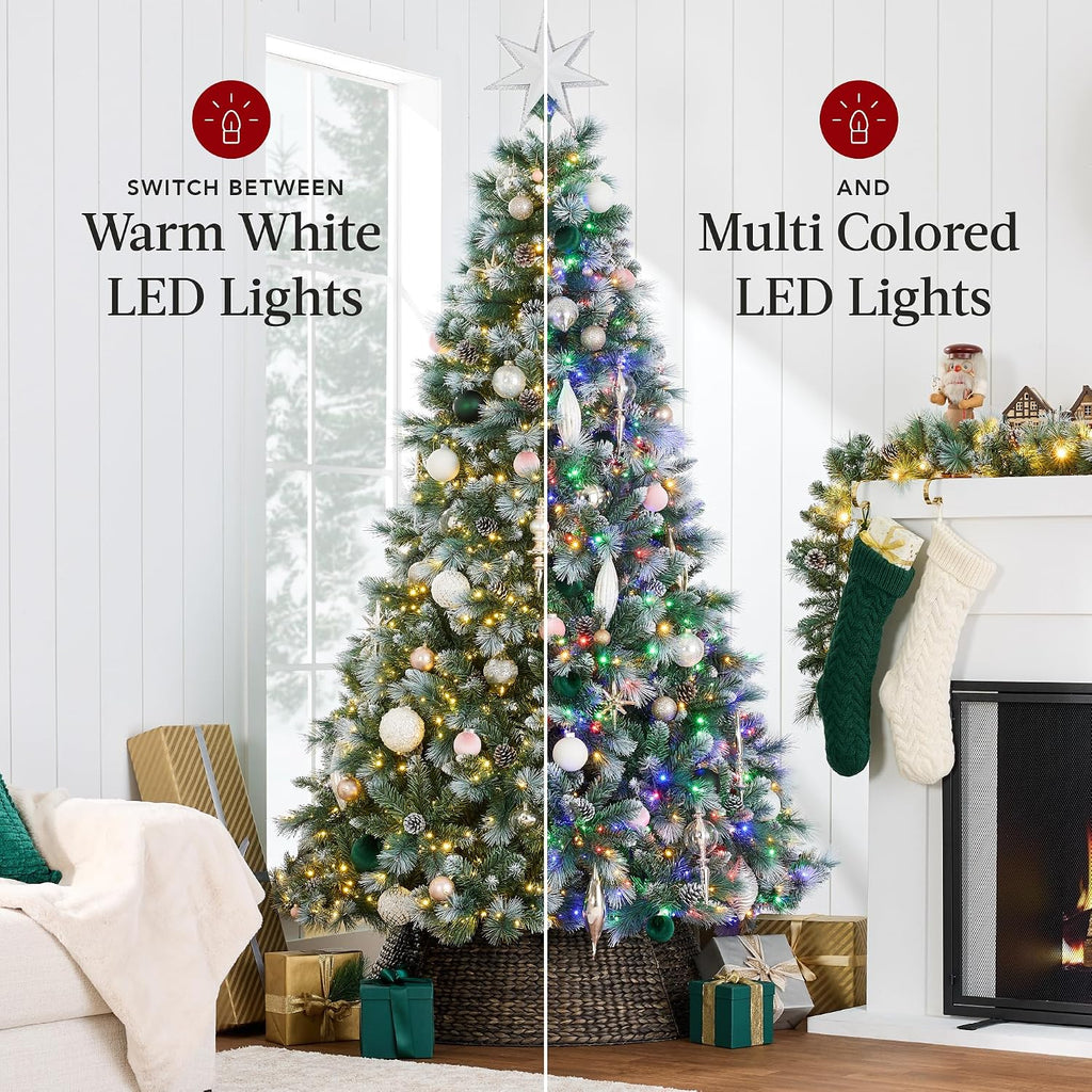 Pre-Lit Scotch Pine Christmas Tree, Premium Frosted Pre-Decorated Artificial Holiday Decor w/ 946 Branch Tips