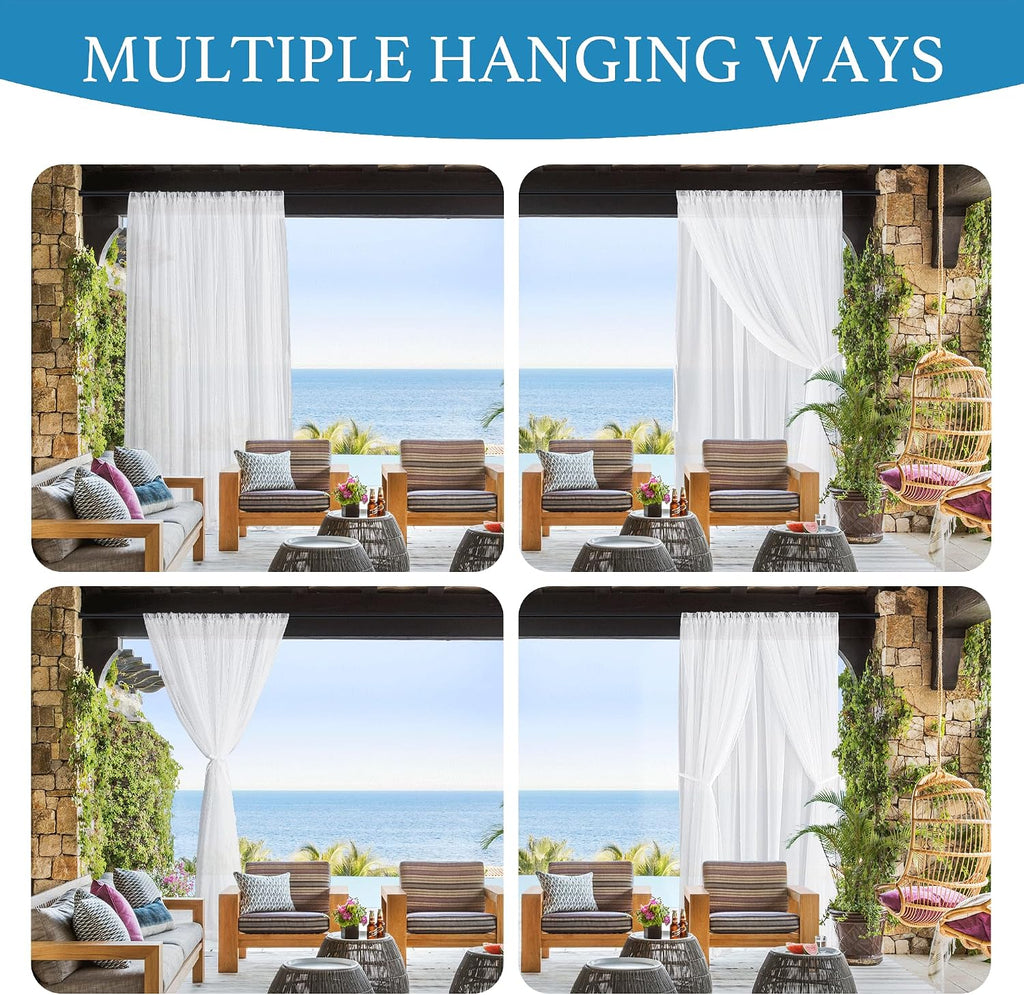 2 Layer Sheer Outdoor Curtains Waterproof Privacy | Light Filtering, Breathable, Drapes for Porch, Pergola, Pavilion
