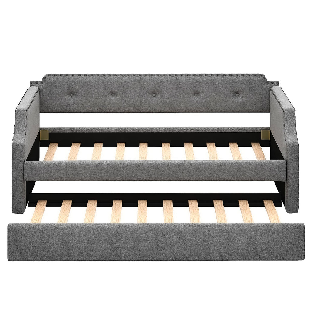 Twin Daybed with Trundle, Upholstered Daybed with Trundle, Twin Size Trundle Daybed Sofa Bed Living Room, No Box