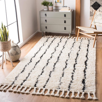 Casablanca Collection Area Rug, Black & Ivory, Handmade Moroccan Boho Tassel Wool, 1.4-inch Thick Ideal for