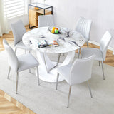 47" Round Dining Table for 4-6, White Faux Marble Kitchen Table with Wood Pedestal, Modern Circle Dinner Tables for