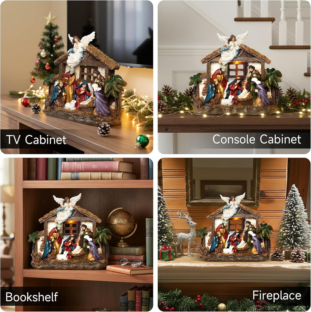 Nativity Sets for Christmas Figurine Decorations Indoor, 12.5 Inch Large Lighted Resin Manger for Nativity Scene