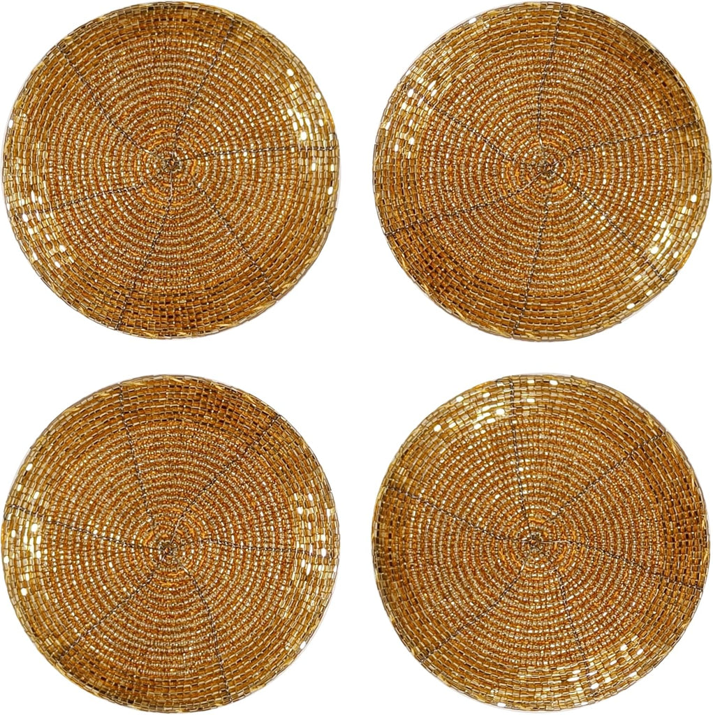 Beaded Farmhouse Coasters - 4" Round Boho Drink Coasters, Absorbent Table Décor for Bar, Parties, Fall, Gold - Set of 4