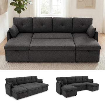 Oversized Sleeper Sofa Couch, 100 inch 2 in 1 Pullout Couch Bed with Side Pockets, Sectional Sleeper Sofa Bed with