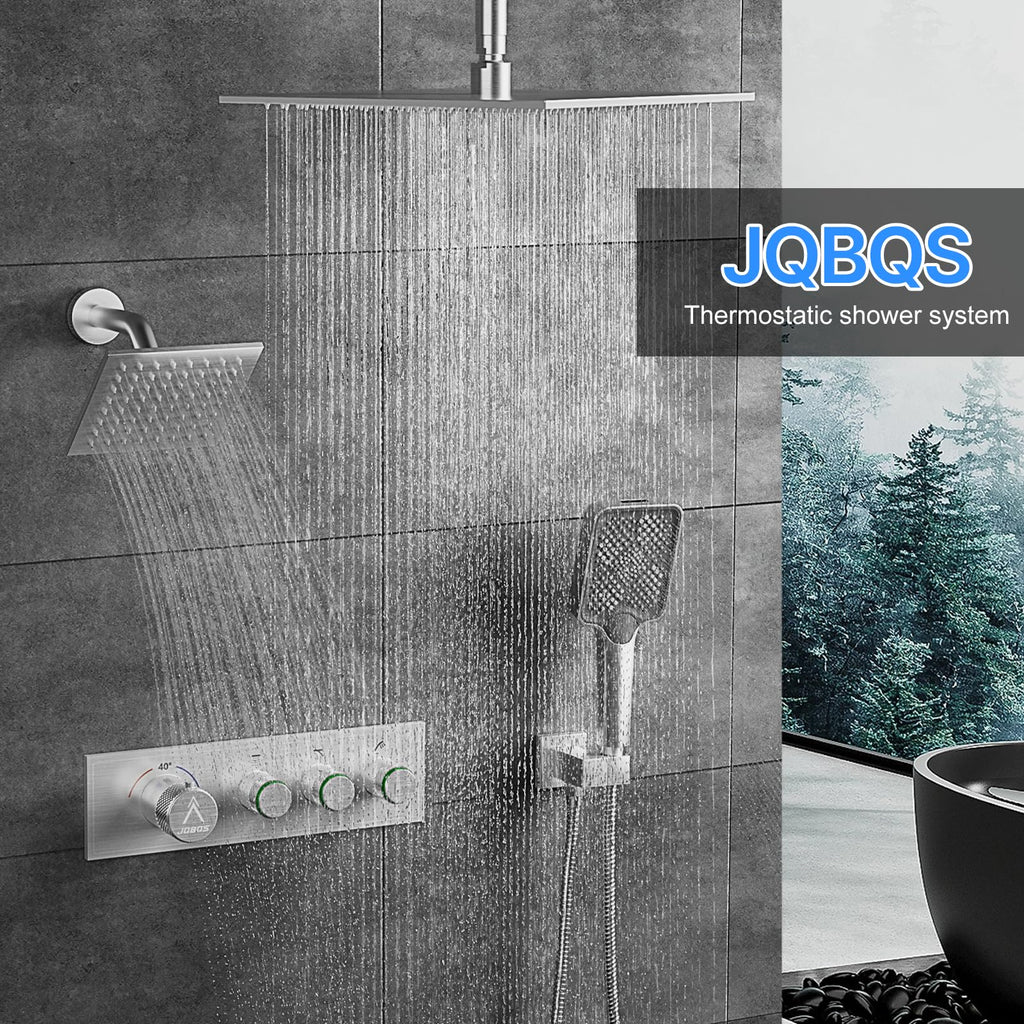 Shower System Brass Thermostatic Shower Faucet Set With Valve and Diverter Shower Mixer With Rain Head and Handheld