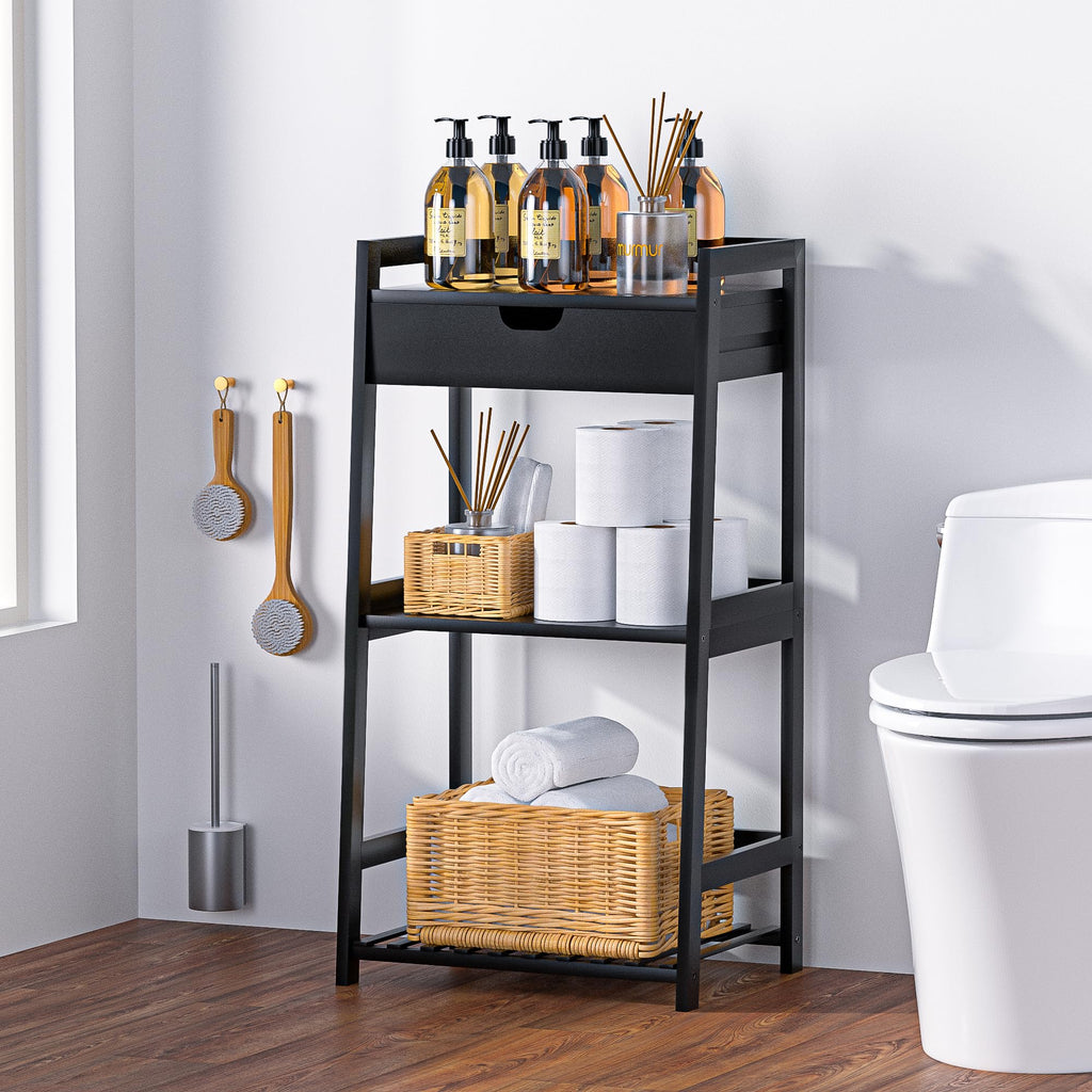 3 Tier Bamboo Bathroom Shelves with Drawer, Ladder Shelf Storage, Space-Saving Design, Stylish Display Nightstand