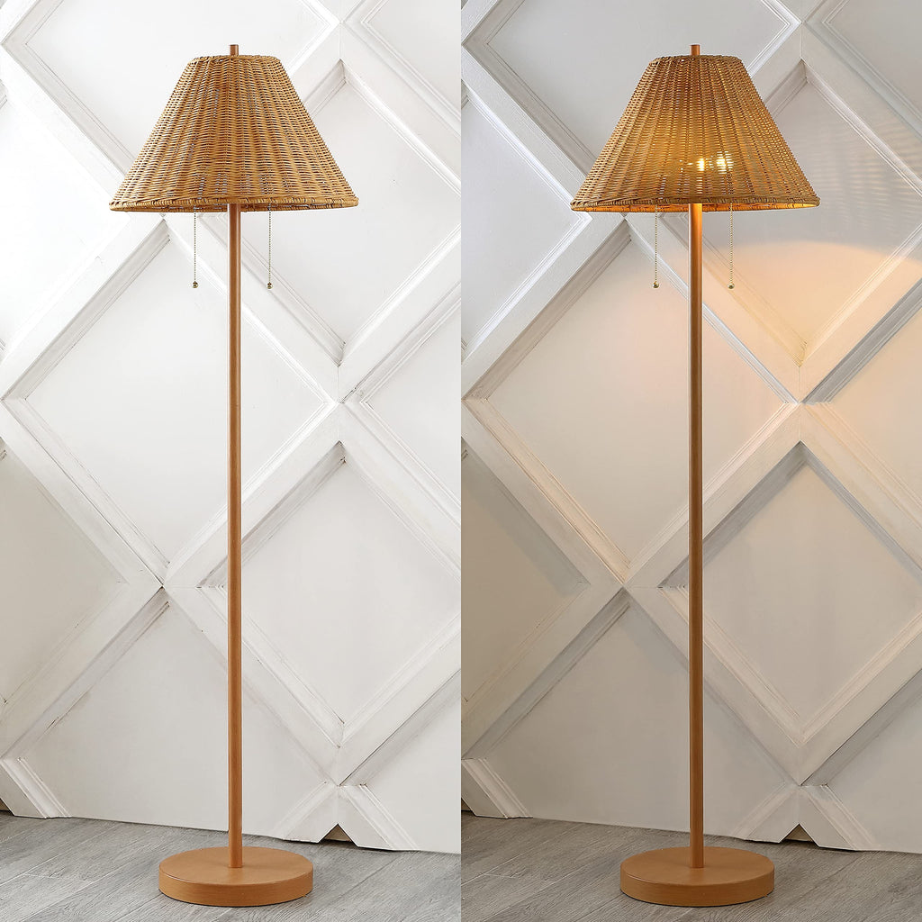 Nando 2-Light Coastal Rattan Floor Lamp 61", Brown Wood Finish