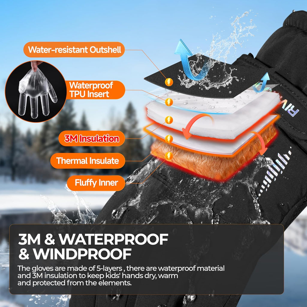 Kids Winter Gloves Ski Touchscreen Waterproof Warm for Boys Girls