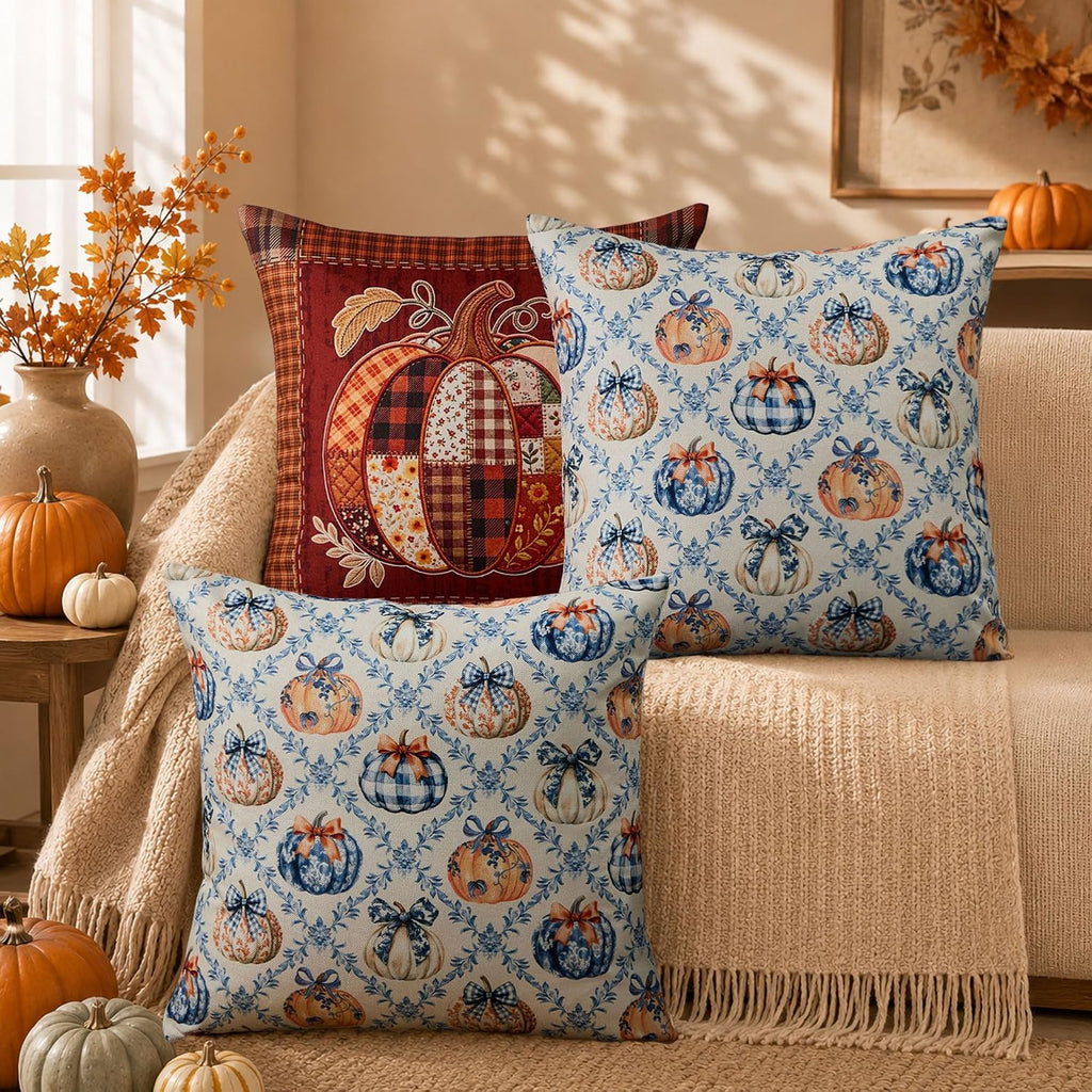 Fall Pillow Covers 18x18 Patchwork Pumpkin Rustic Decor - Set of 2