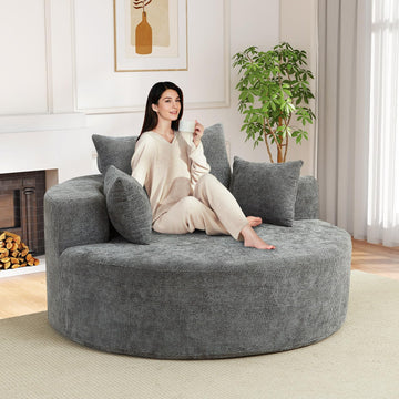 Oversized Round Chaise Longue Chair Indoor, Modern 55-inch Upholstered Waffle Chenille Deep Seat Circle Single Cloud