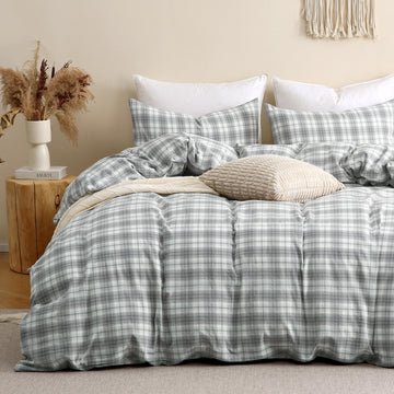 Plaid Duvet Cover Set 100% Washed Cotton Like Linen