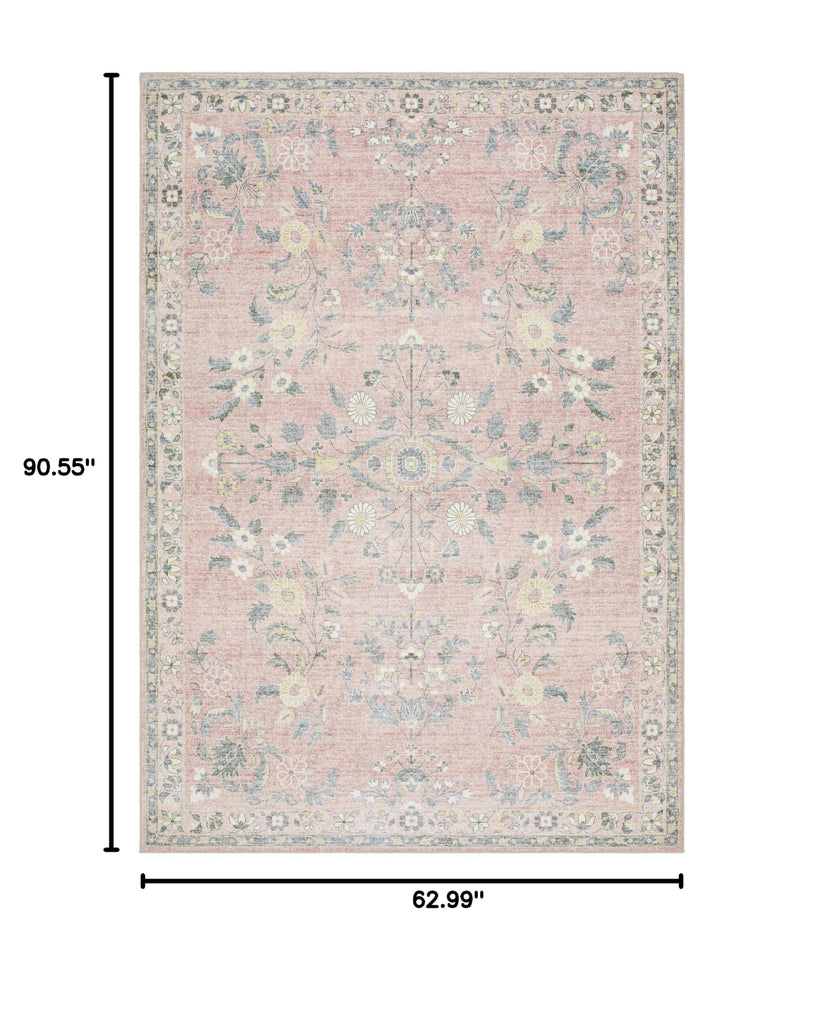Constantine Machine Washable Area Rug - Floral Border Medallion Distressed Botanical - Traditional Oriental