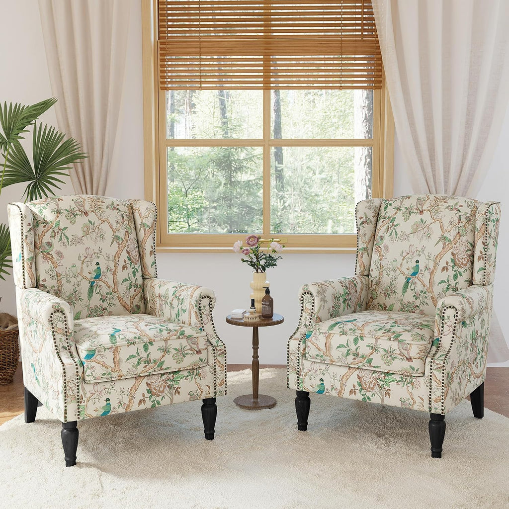 Wingback Chairs Set of 2, High Back Floral Accent Chair in Fabric, Comfy Upholstered Armchair with Nailhead Trim