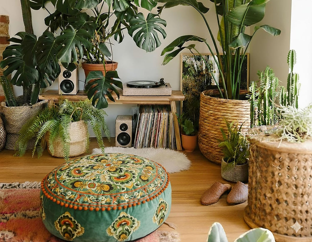 Green Round Velvet Pouf Cover - Soft Embroidered Ottoman Slipcover with Moroccan Design, 24 Inch Diameter, Ideal , or