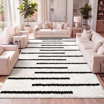 Alaro Berber Stripe Shag White/Gray Indoor Area Rug, Bohemian, Contemporary, Easy-Cleaning, Pet Friendly