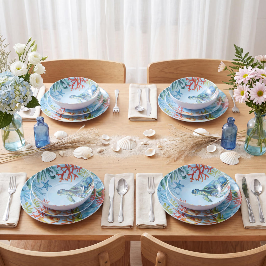 12-Piece Turtle Melamine Dinnerware Set, Ocean Plate and Bowl Sets