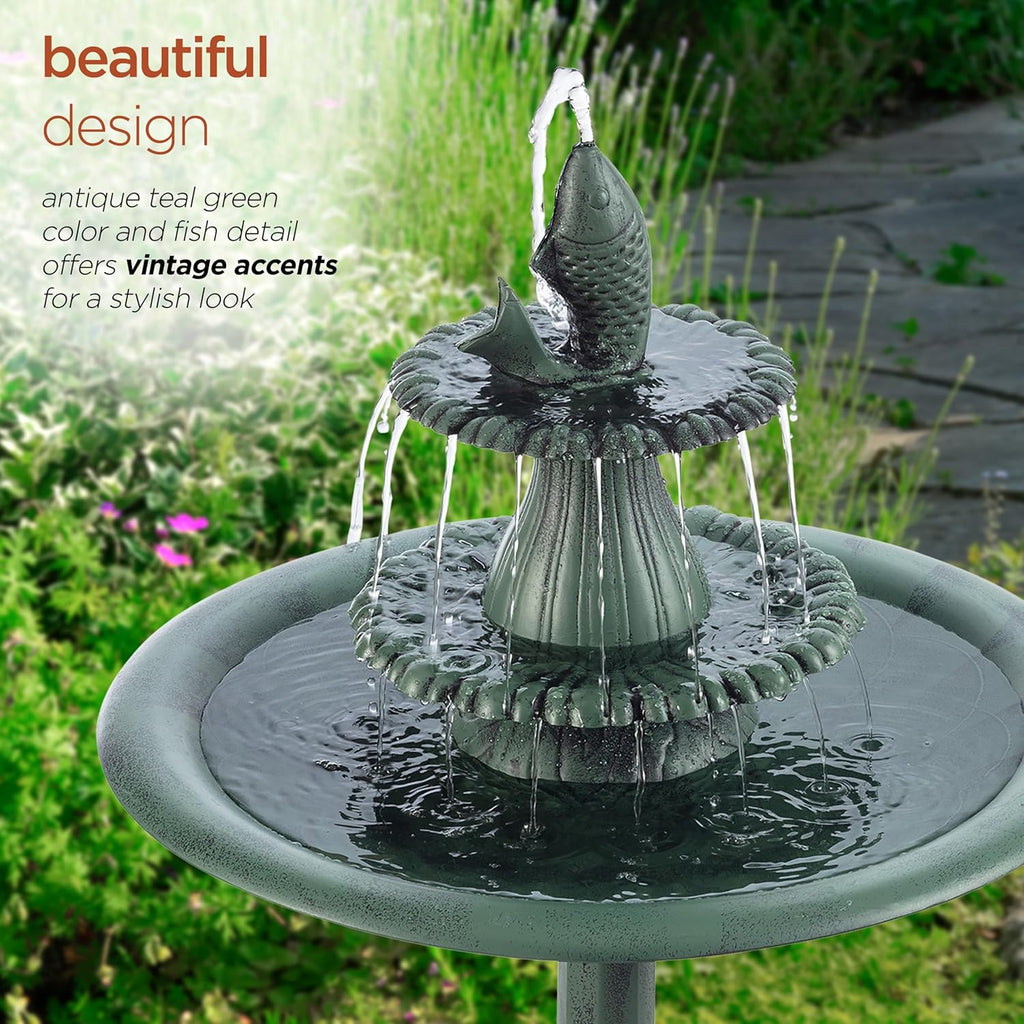 40" Tall Outdoor 3 Tier Pedestal Water Fountain with Vintage Birdbath Accent, Garden Decor, Green