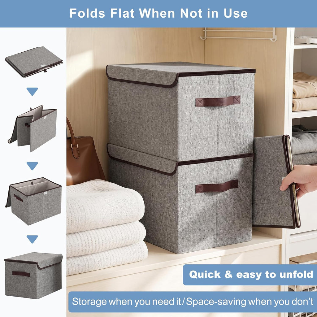 Large 17" 42 Quarts Collapsible Stackable Storage Bins with Lids [3-Pack] Foldable Fabric Linen Storage Boxes Cube