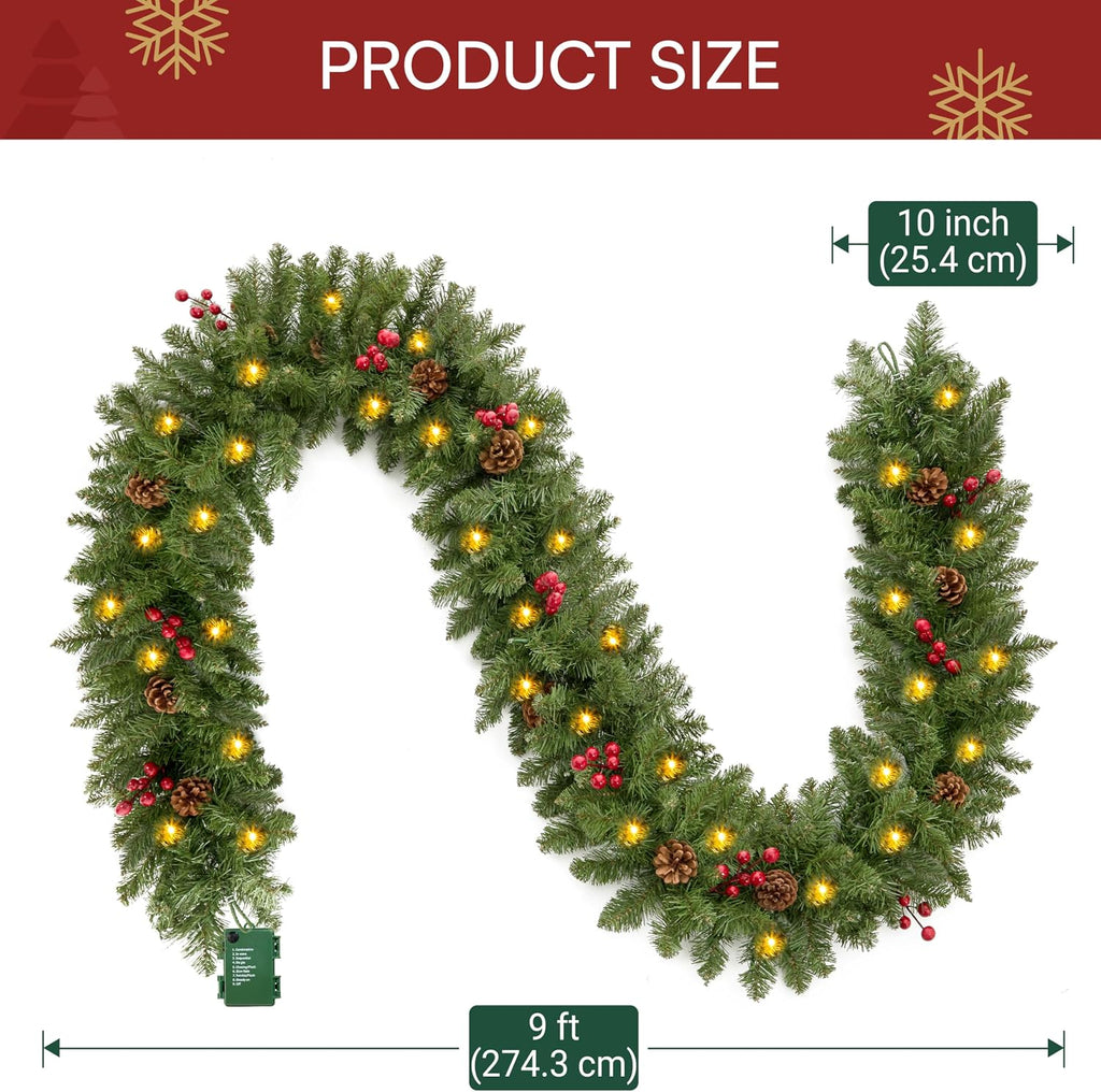 Prelit with Lights, 100 Warm White LED, 27 Pine Cones, 27 Red Berries Christmas Indoor and Outdoor Decorations