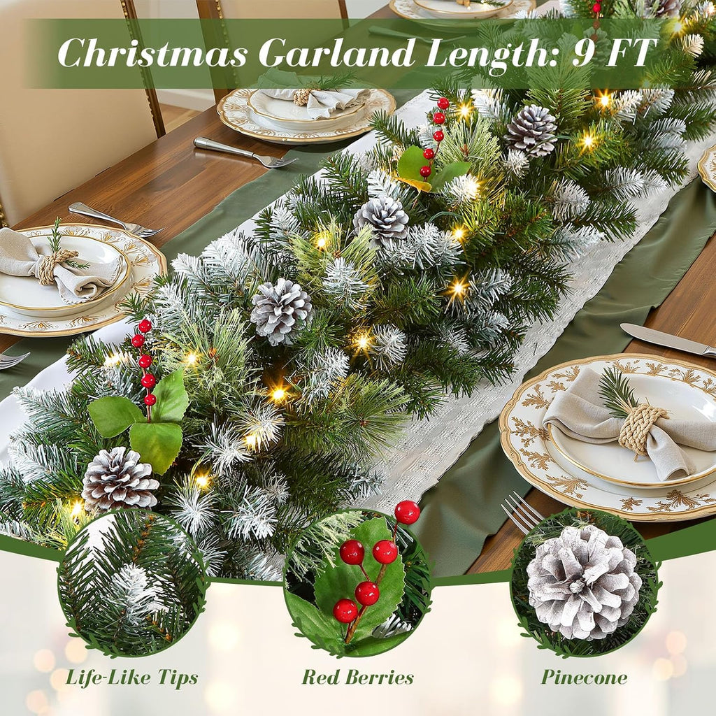 2Pcs 9FT Prelit Artificial Christmas Garland with Color Changing Lights and Timer by Batteries Operated for Mantle