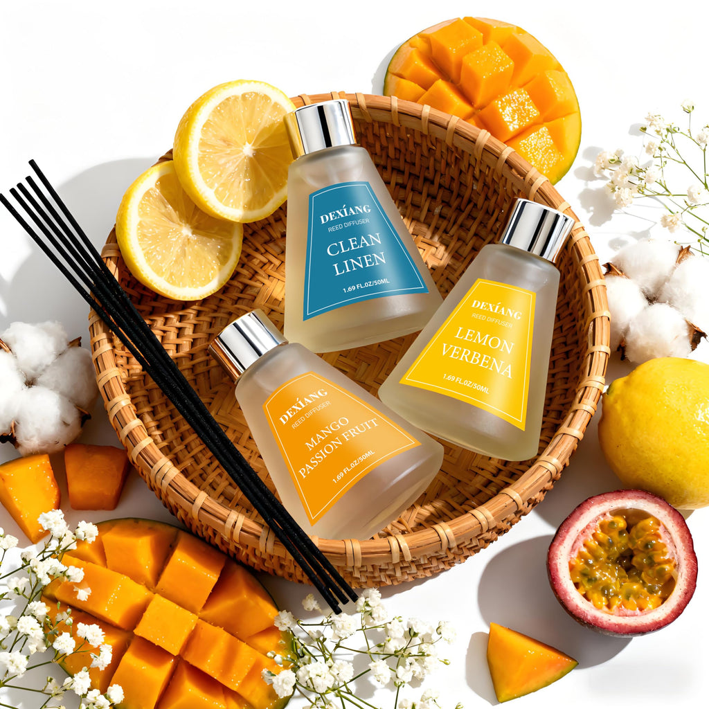 Reed Diffuser Set of 3 Pack, Lemon Verbena/Mango Passion Fruit/Clean Linen Oil Diffuser Reed Diffusers for Decor, 1.7