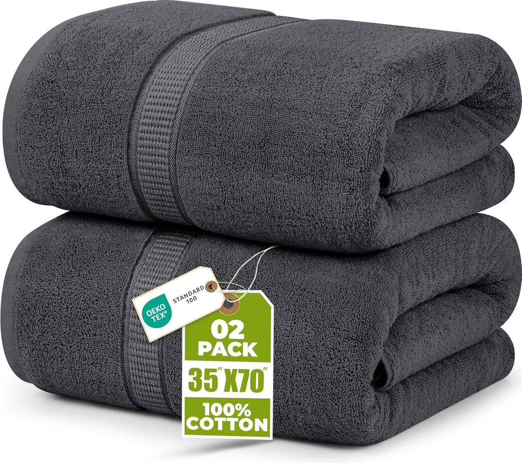 Jumbo Bath Sheets, 2 Pack, 35x70 in, 600 GSM Cotton, Grey | Extra Large Ring Spun Cotton Bath Sheets - Soft, Plush