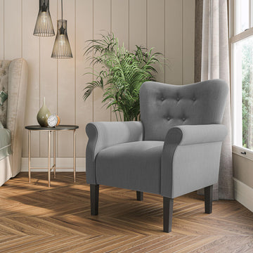 Modern Accent Chair, High Back Armchair, Upholstered Wingback Side Chair, Padded Single Sofa with Wooden Legs - Gray