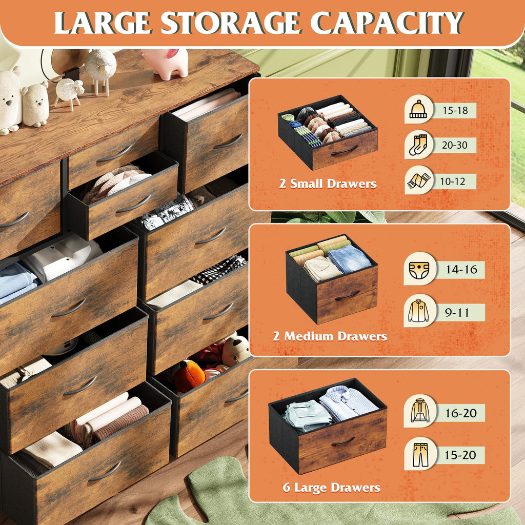 10 Drawer Fabric, Side Pocket Chest, Rustic Brown