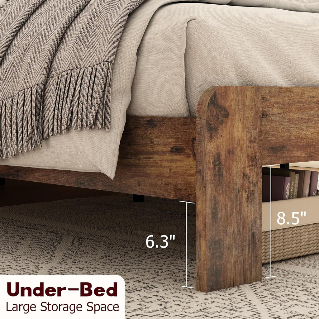 Wooden Queen Bed Frame with Storage Headboard, Farmhouse Platform Bedframe with Charging Station & Led Lights, Sturdy