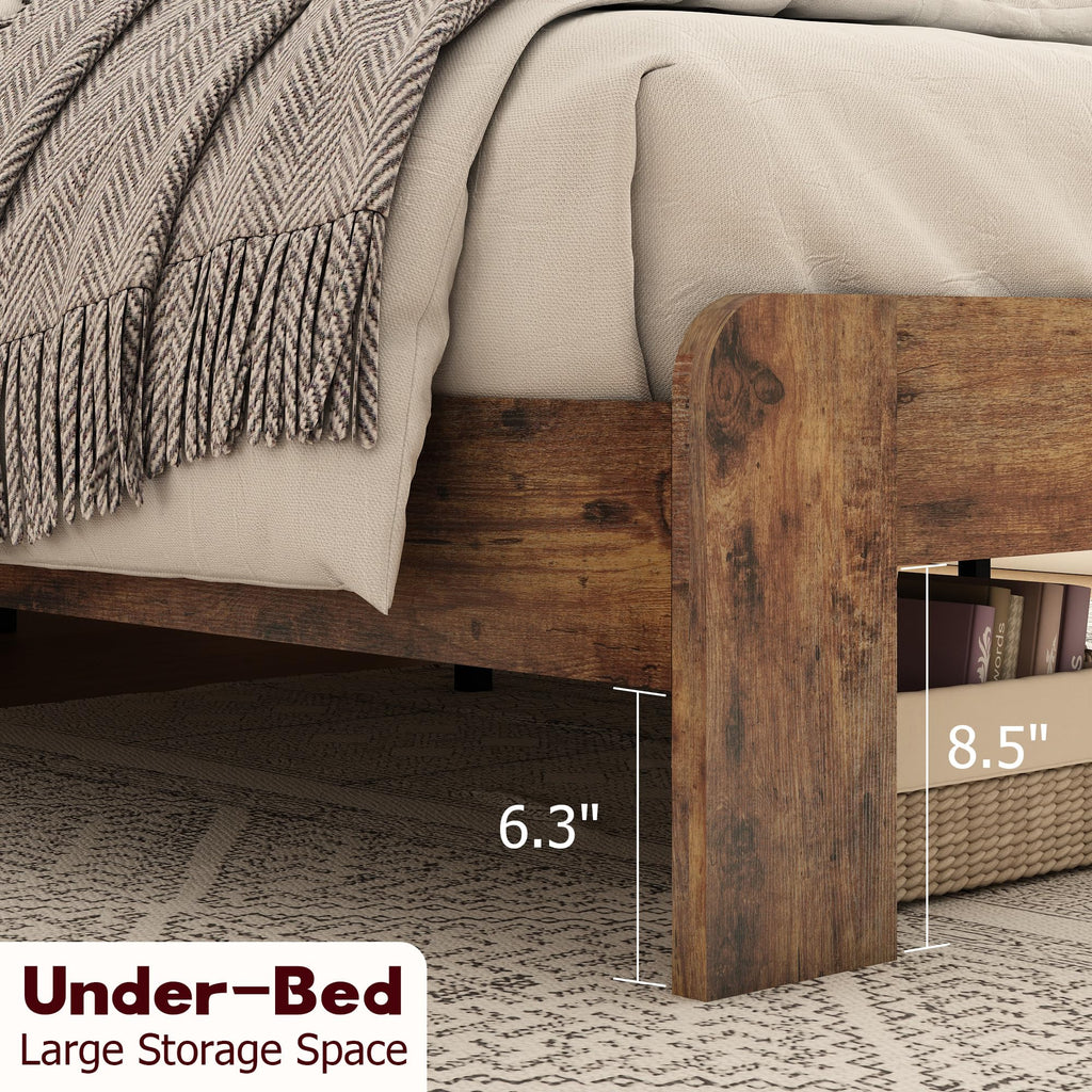 Wooden Bed Frame with Storage Headboard, Farmhouse Platform