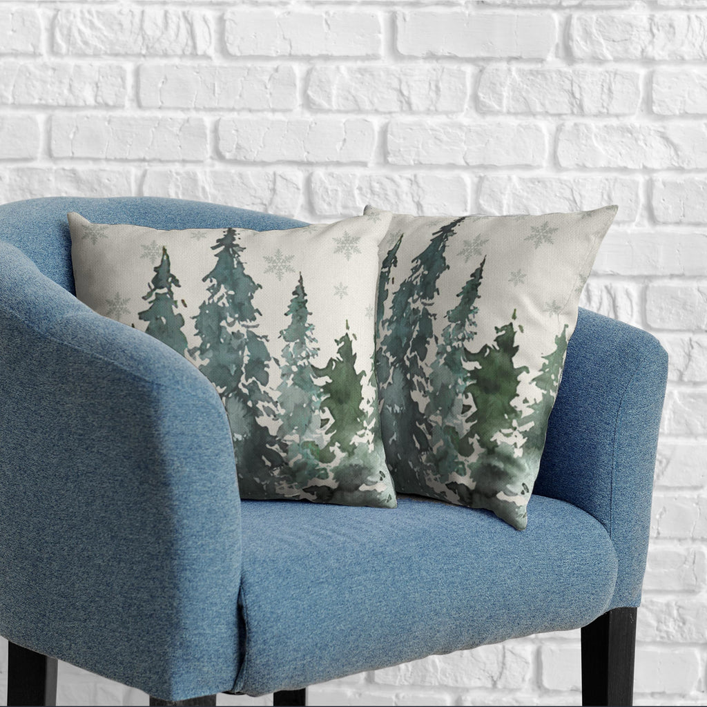 Green Watercolor Pine Tree Pillow Covers 24x24 Winter Rustic Nature Forest Pillow Case Set of 2 Misty Forest Woodland