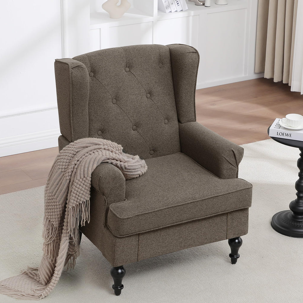 Accent Chair, Mid Century Modern Upholstered Wingback Chair, Armchair with Tufted High Back and Solid Legs, Comfy