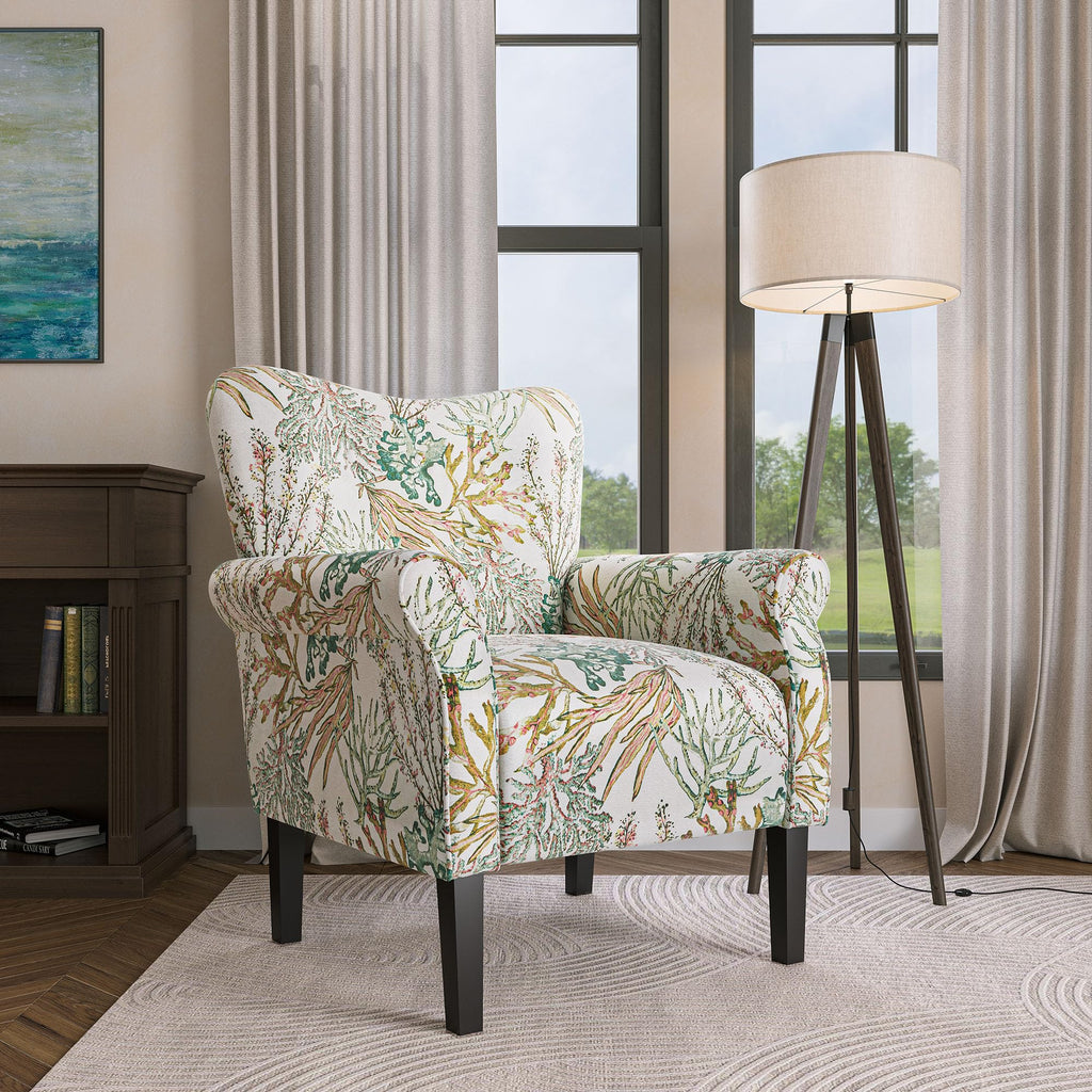Modern Accent Chair, High Back Linen Armchair with Wooden Legs, Upholstered Wingback Side Chair Padded Armrest