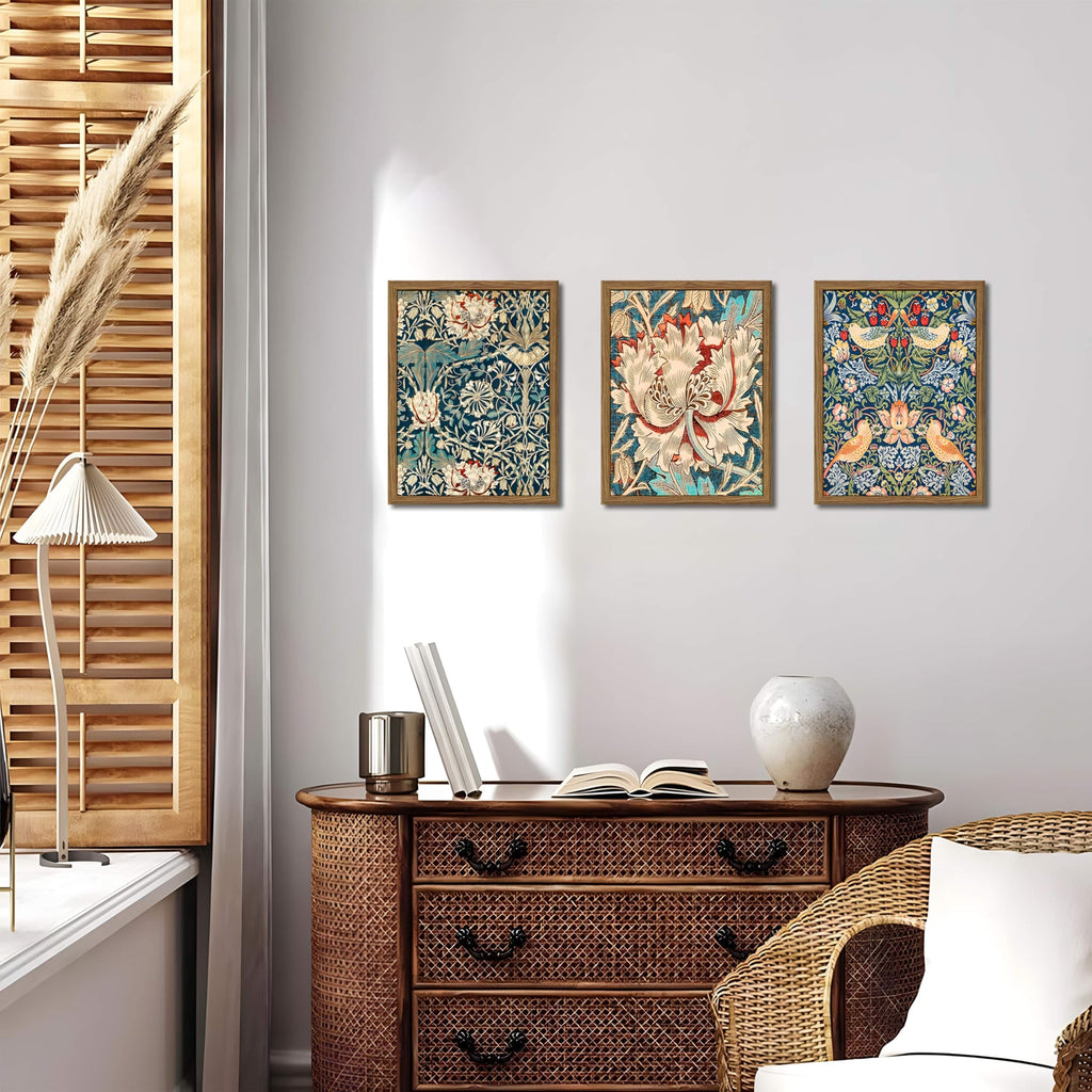 Wood Frame William Morris Wall Art Set of 3, Vintage Botanical Floral Canvas Wall Decor Painting, Farmhouse Artwork