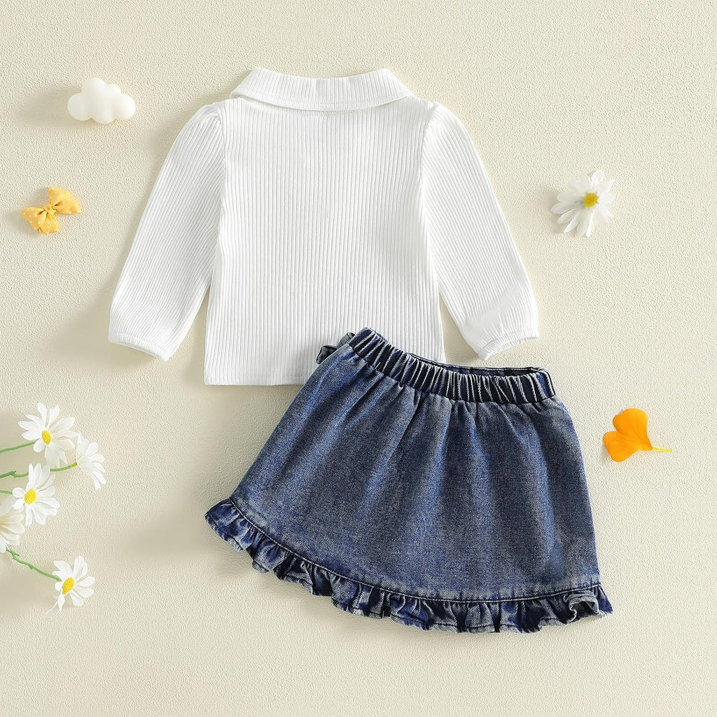 Toddler Baby Girl Fall Outfits Long Sleeve Lapel Collar Ribbed Shirt Tops Ruffle Jean Skirt Set Cute Clothes