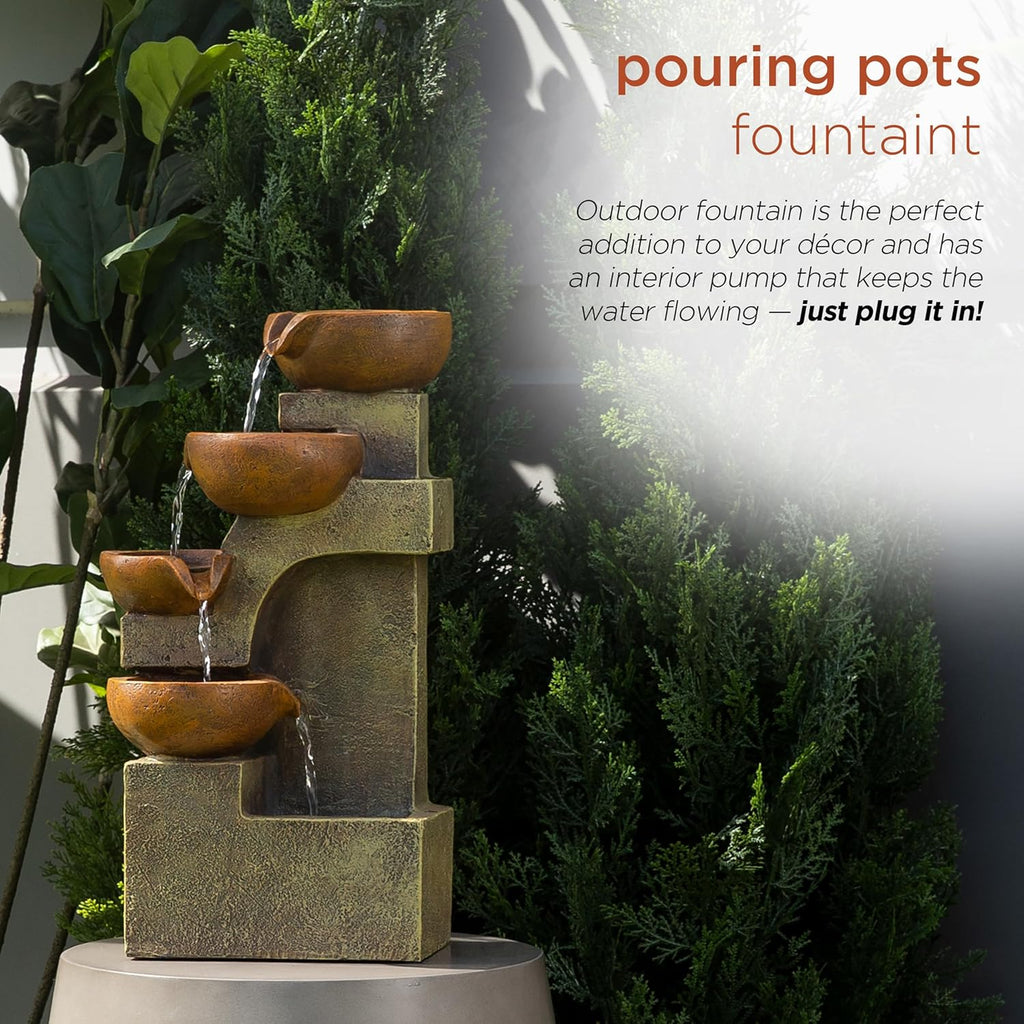 16"H Tabletop Tiered Pouring Pots Waterfall Fountain - Natural Stone-Look Finish Adds Rustic Charm - Brown