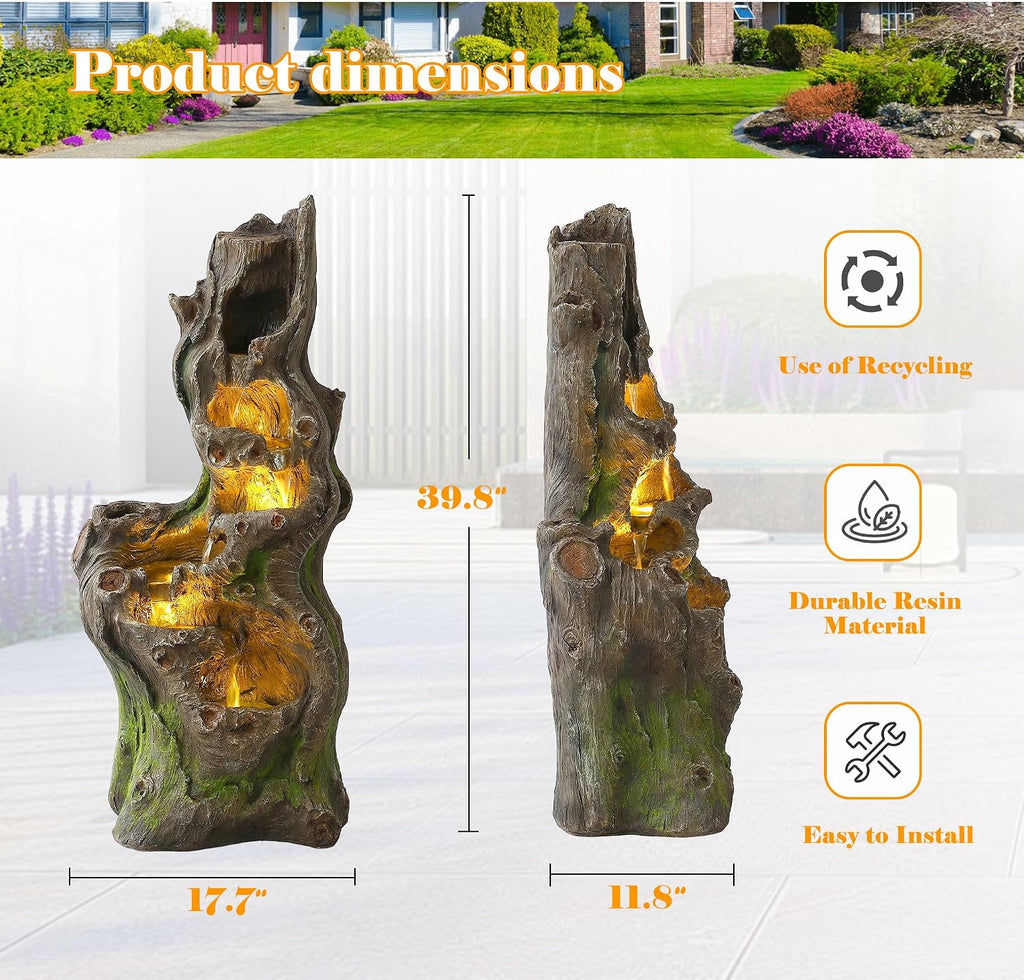Outdoor Water Fountain, 40" H Tree Trunk Fountain with 5 Waterfalls, 6 Tiers Cascading Garden Water Feature with LED