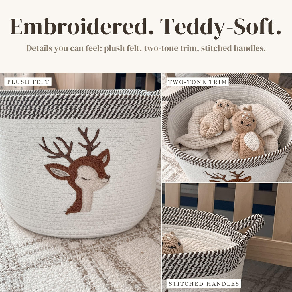 Deer Baby Storage Basket, Woven Cotton Rope Nursery Bin, 15x11 in