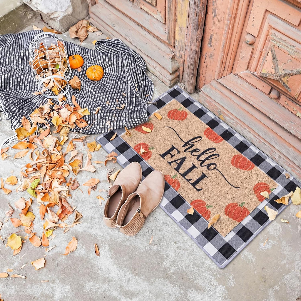 5 Pcs Seasonal Front Door Mat Set Interchangeable Welcome Doormats with Black and White Checkered 22 x 10 Inches Non