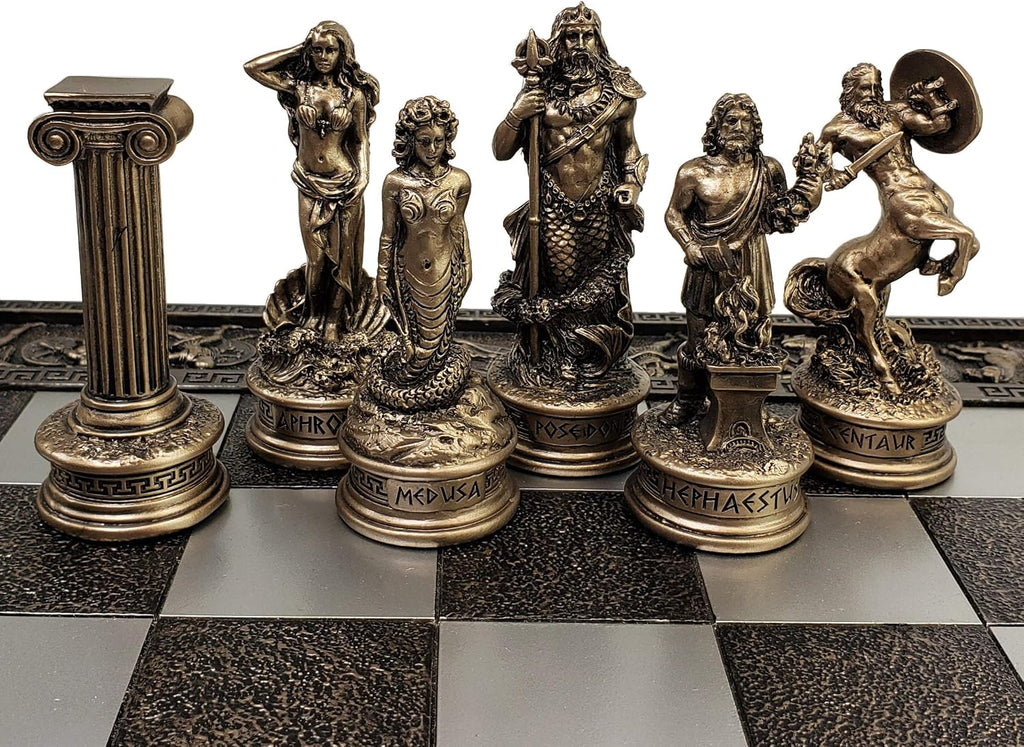 Greek Mythology Olympus Gods Zeus vs Poseidon Pewter and Bronze Color Chess Set with 17" Greek Board - Set of 32