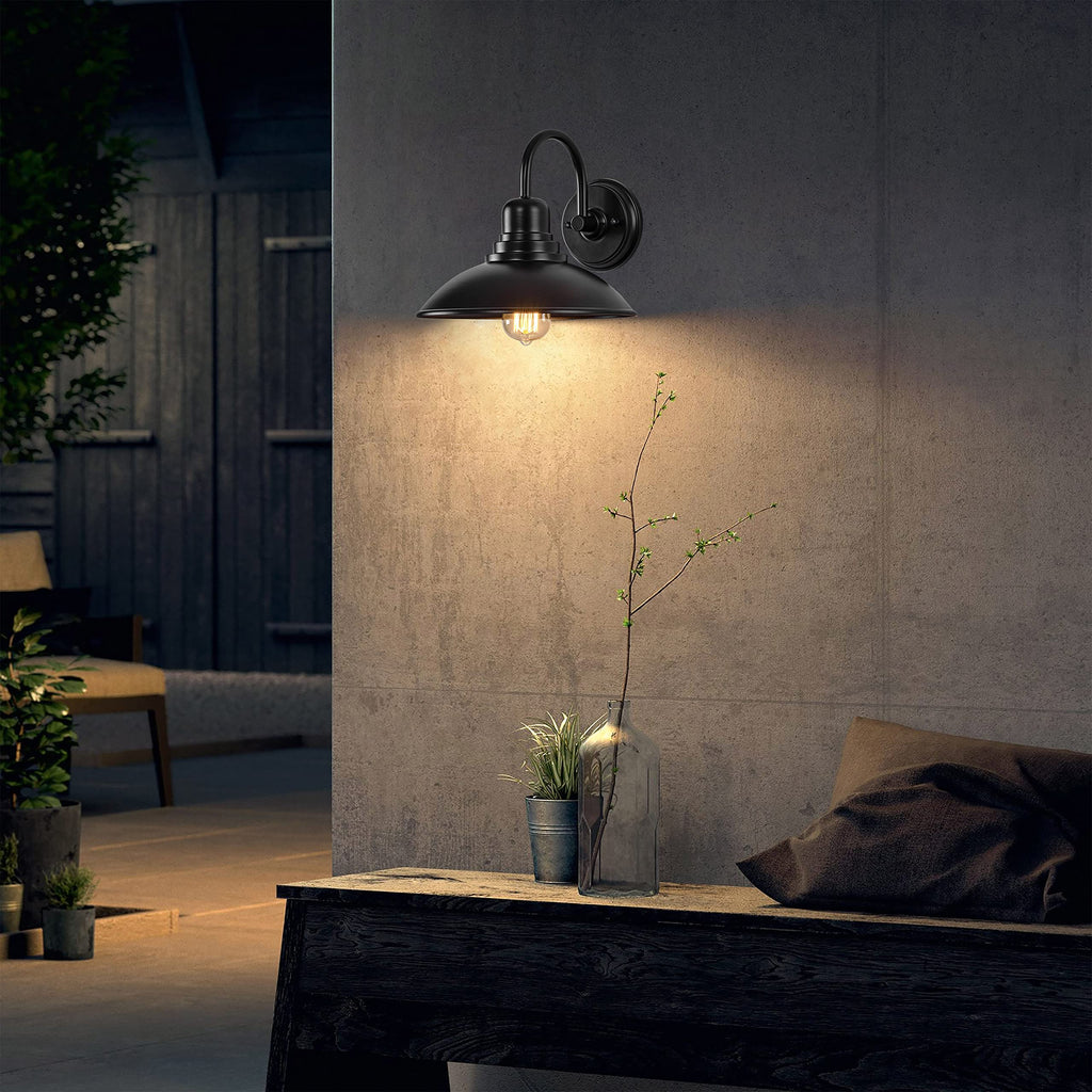 2 Pack Black Outdoor Wall Sconce, Modern Farmhouse Gooseneck Barn Light with E26 Socket, Anti-Rust Metal Vanity Light