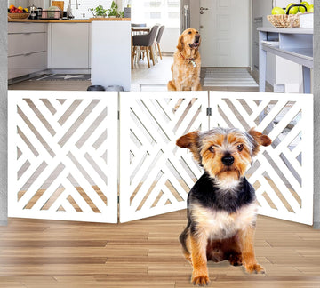 Freestanding Dog Gate Expandable Decorative Wooden Fence for Small to Medium Pet Dogs, Barrier for Stairs, Doorways