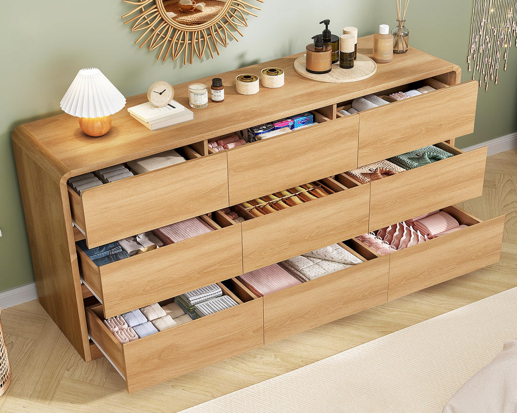 9 Drawer, 63" Wide Dressers & Chest of Drawers with Curved Profile Design, Wood Closet Storage Dressers Organizer
