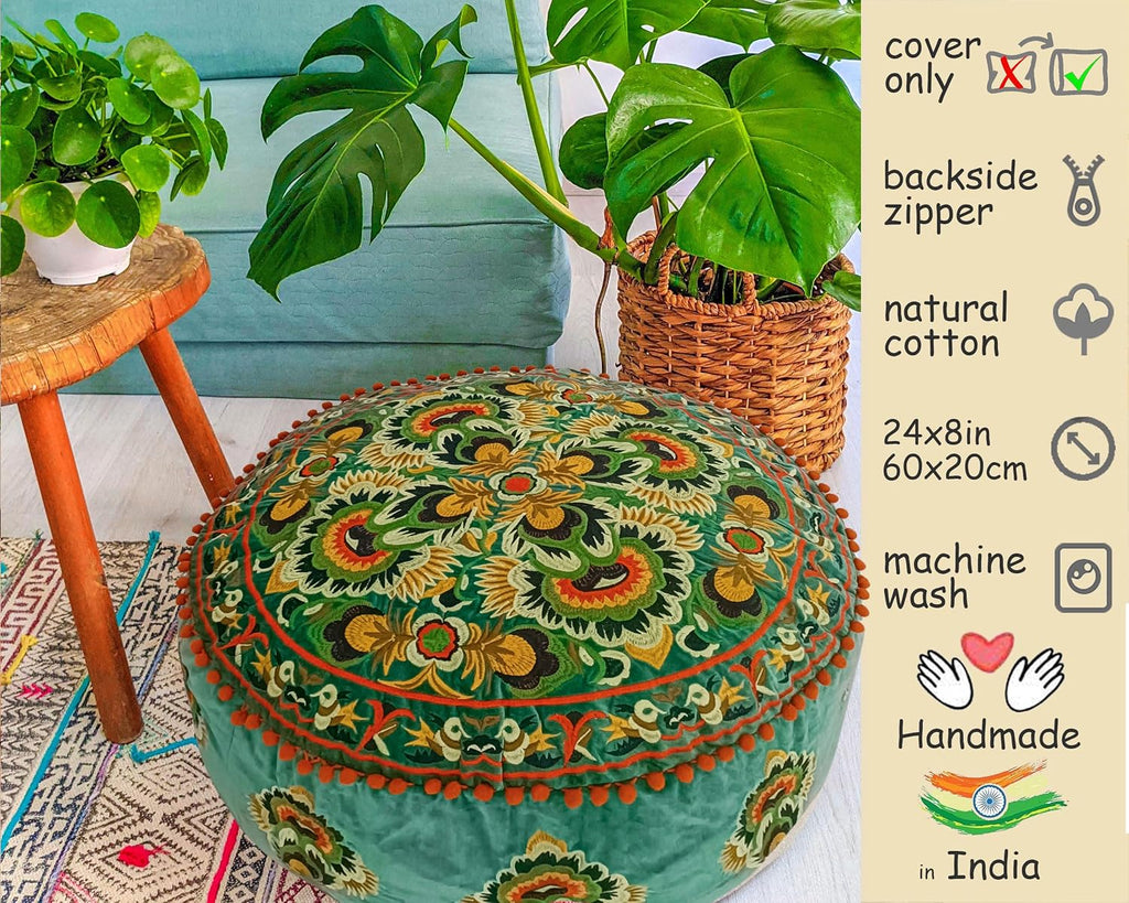 Green Round Velvet Pouf Cover - Soft Embroidered Ottoman Slipcover with Moroccan Design, 24 Inch Diameter, Ideal , or