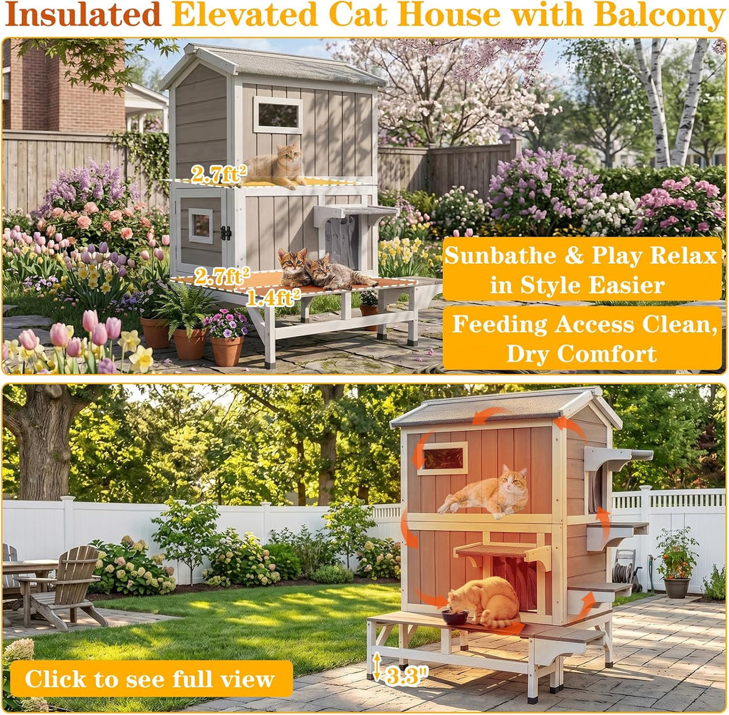 Insulated Outdoor Cat House for 2-3 Cats, 2-Story Wooden Shelter