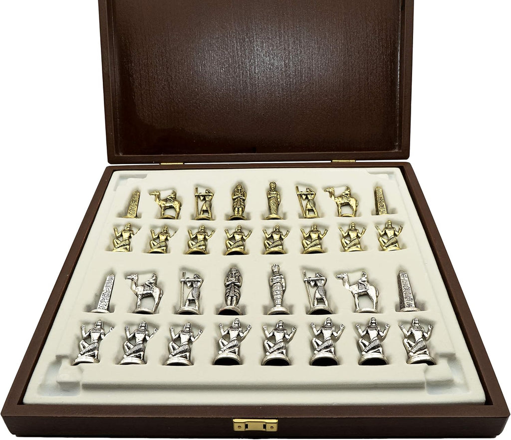 Handmade Egyptian Metal Chess Set in Wooden Box