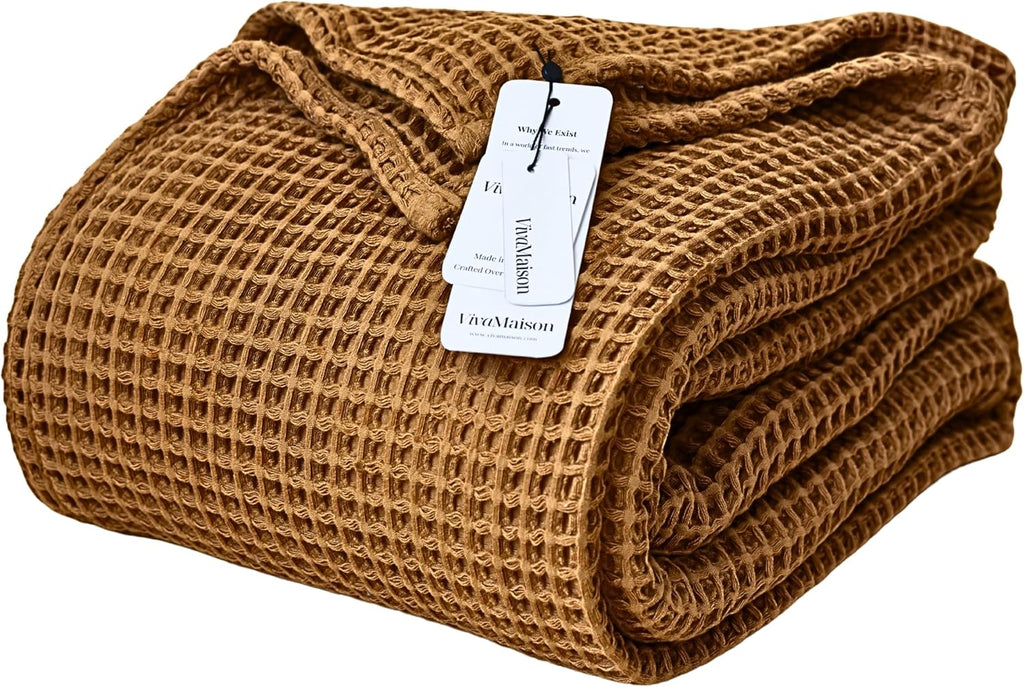 Luxury All Season Waffle Throw Blanket Queen XL Size Caramel - Pure 100% Turkish Cotton Light Airy Blankets