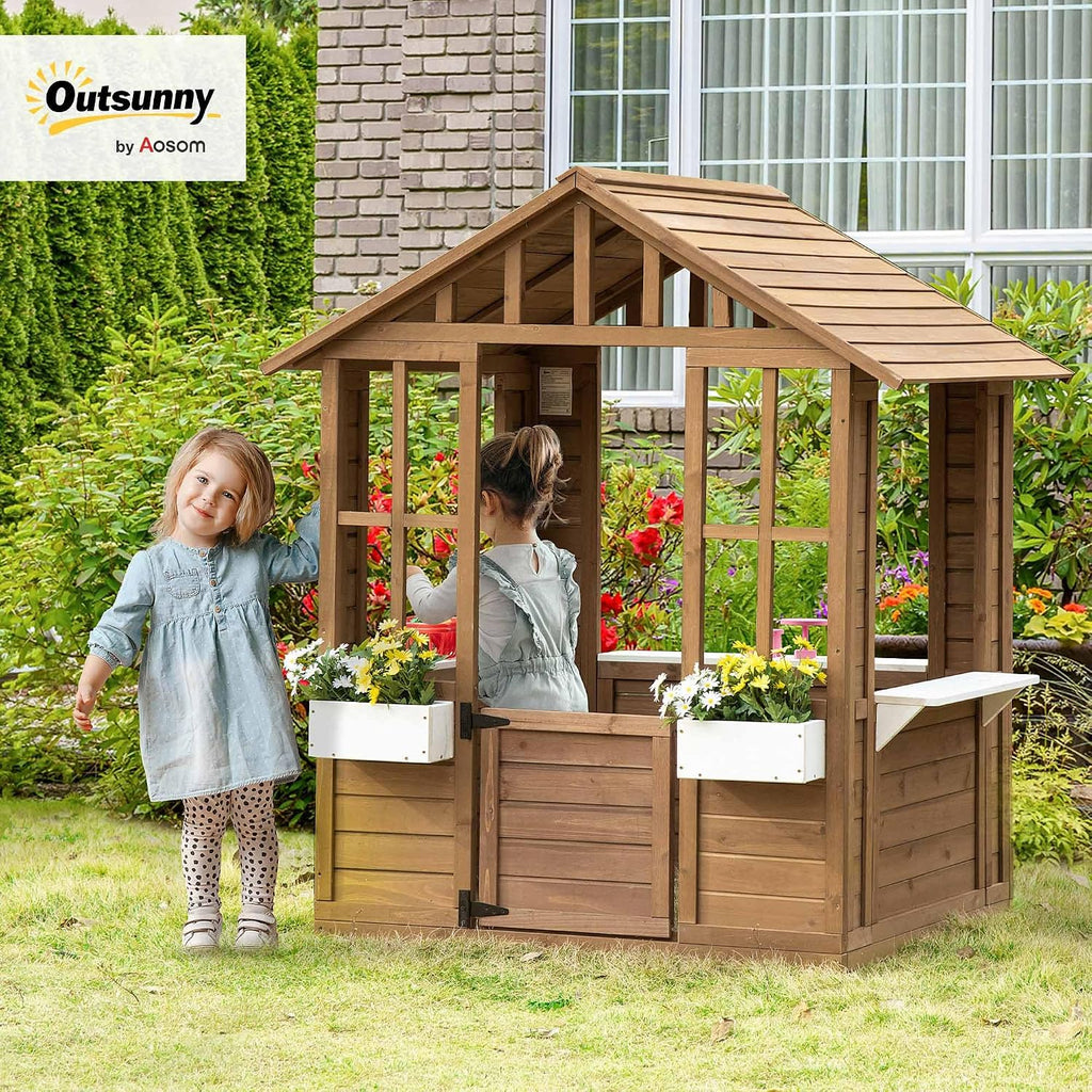 Outdoor Playhouse Wooden Kids Playhouse with Working Door Brown | Windows, Kids Cottage, Flowers Pot Holder, Backyard