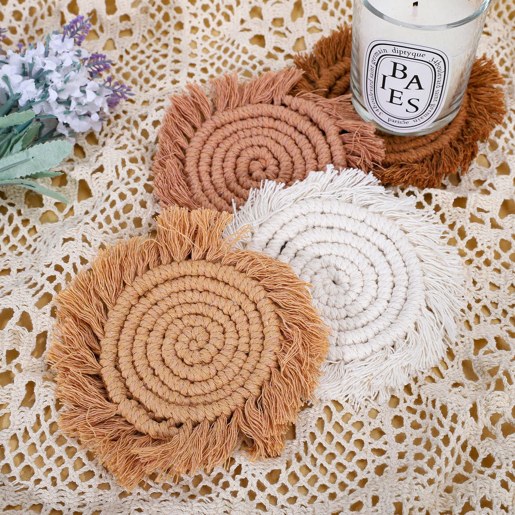Boho Macrame Coasters Set of 4 Handmade Woven Drink Coaster Bohemian Cup Mat Pad with Tassel Kitchen Office Party