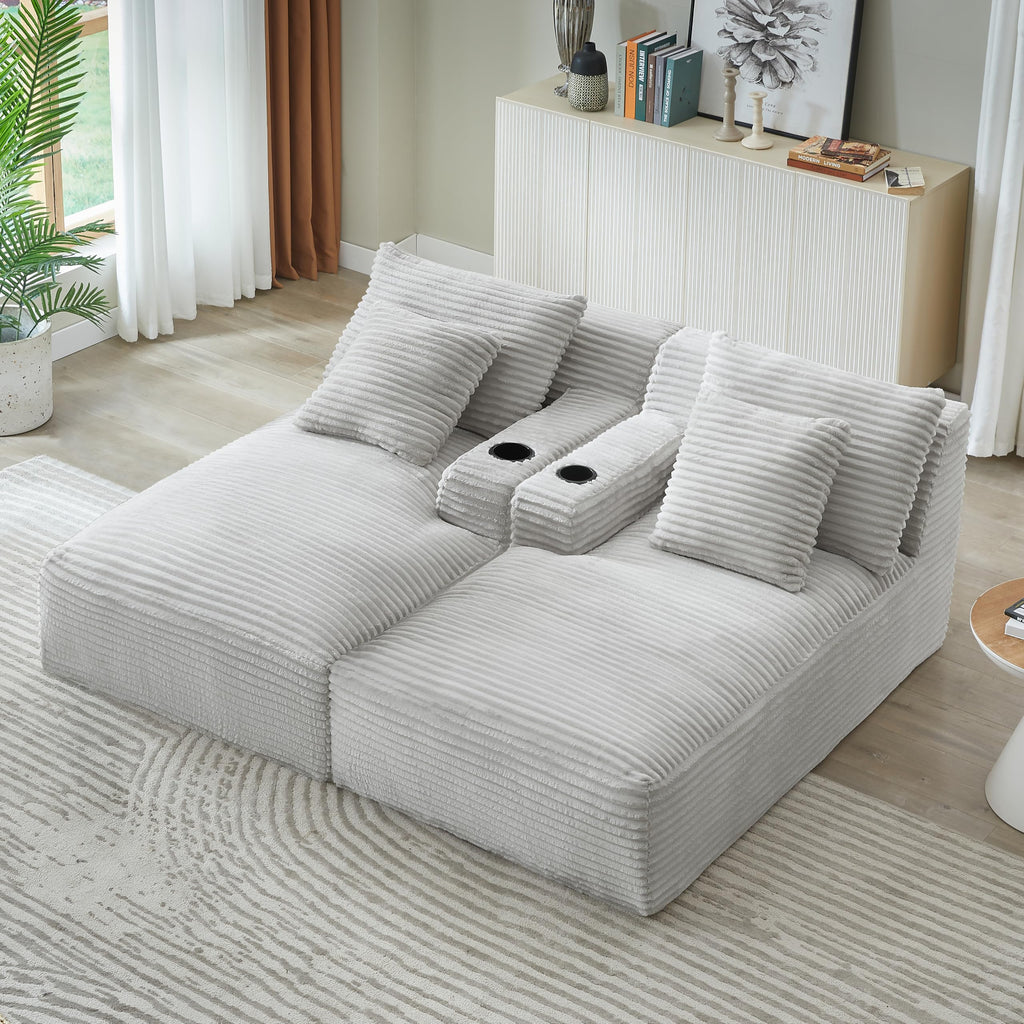 Oversized Double Chaise Lounge Indoor with Cup Holders & Side Pocket, 71" Plush Corduroy Boneless Chaise Lounge Sofa
